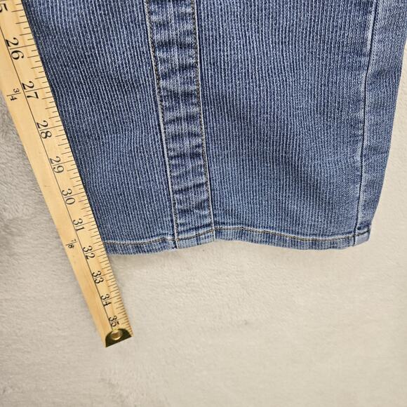Vintage Apollo Jeans 5/6 Pinstripe Buckle Pockets Blue Mid Rise Y2K Distressed - Picture 15 of 16